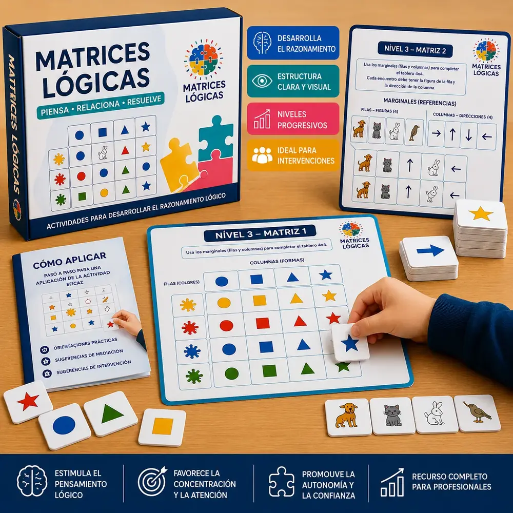 Kit completo Matrices Lógicas: caja, tablero, niveles y bonos en un mockup profesional